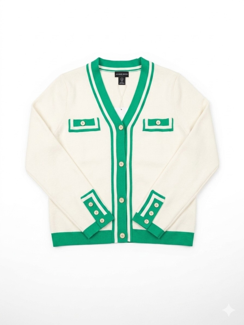 Adrienne Vittadini Cream Cardigan with Green Trim